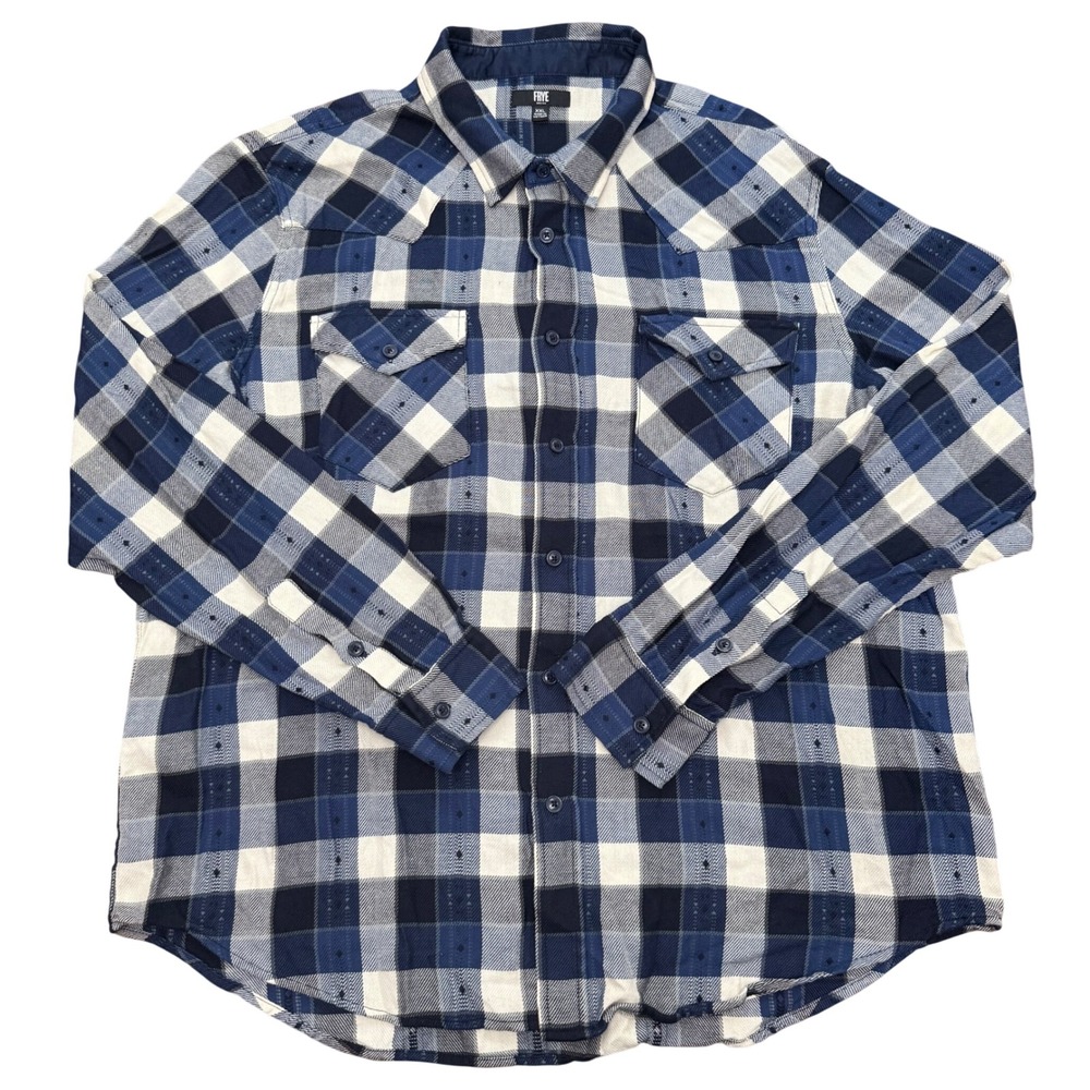 Frye Western Plaid Button Down Shirt Mens XXL Blue White Dobby Long Sleeve
